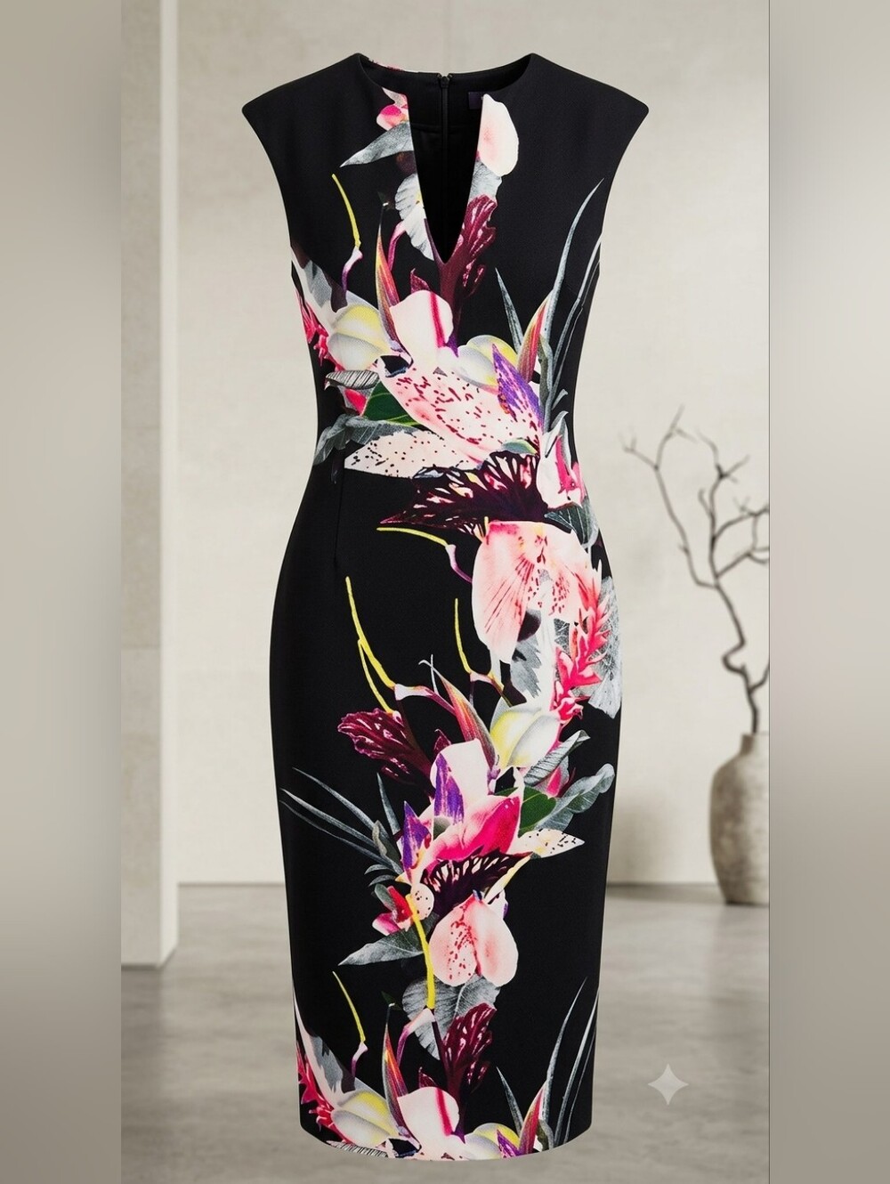 Floral-Print Black Midi Dress with Pink & White Blooms